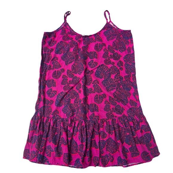 Loft Linen Blend Dress Fuchsia Leaf Print Ruffle Hem Medium - Picture 3 of 9
